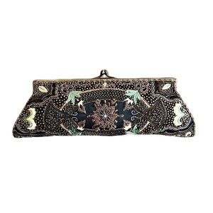Moyna Couture Black Satin, Hand-Beaded, Multicolored Swarovski Crystal Clutch